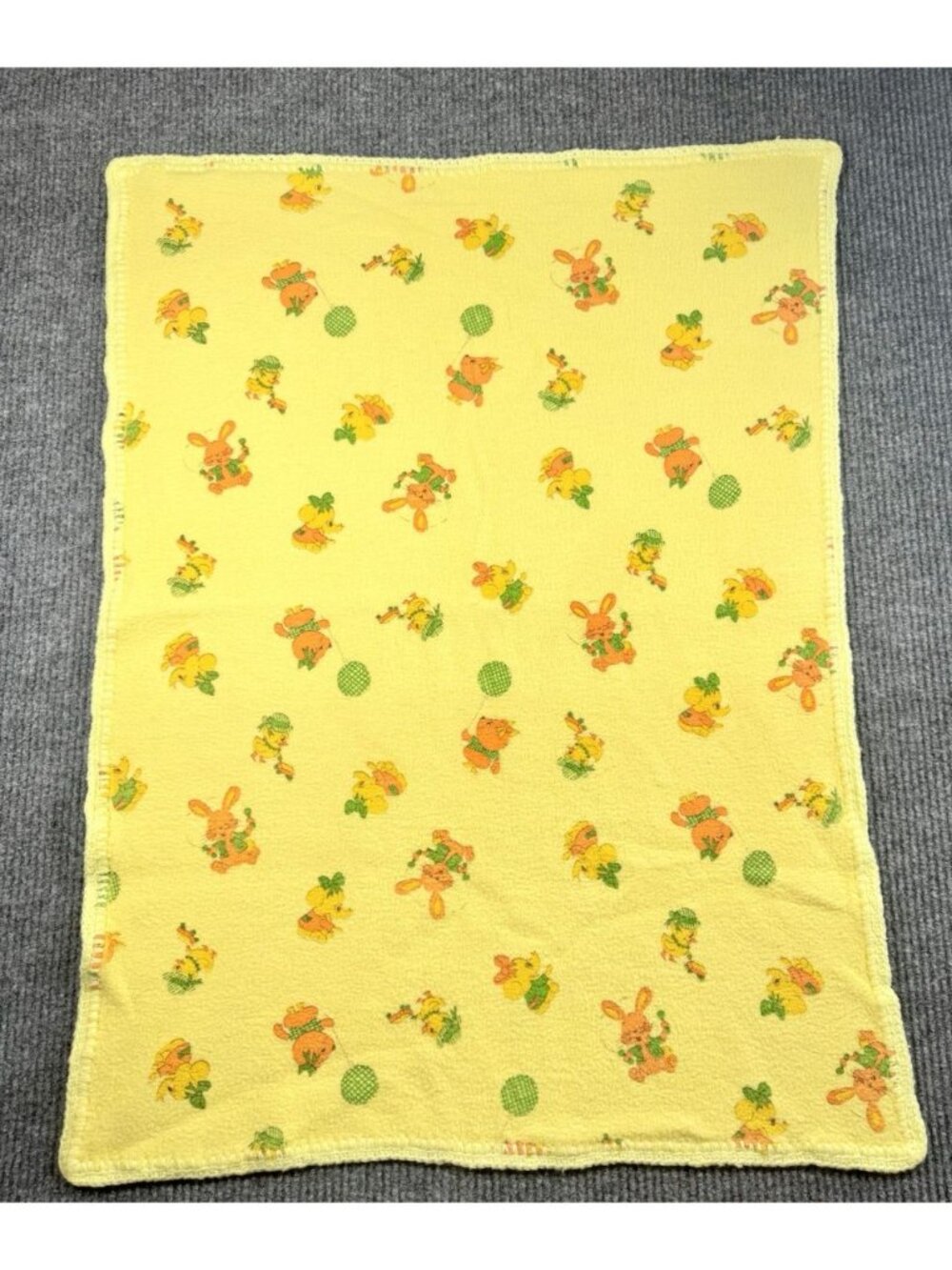 Vintage Baby Blanket Yellow Double Sided Duck Elephant Bunny Rabbit Fleece 36x27